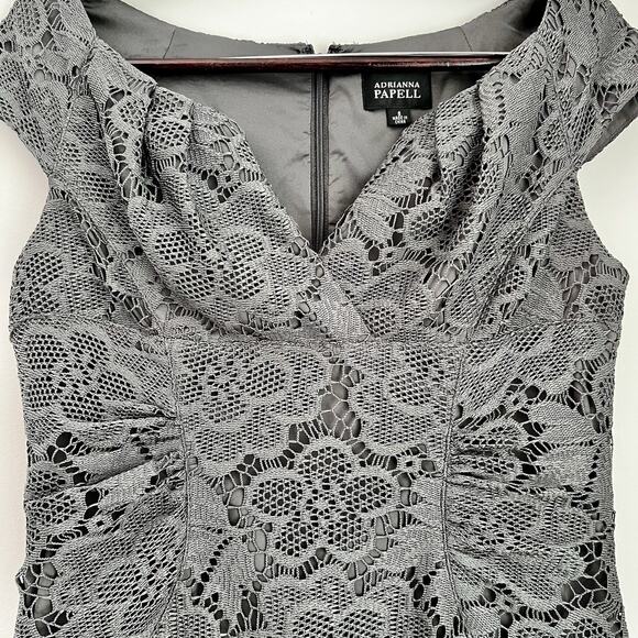 Adrianna Papell Gray Lace Sheath Dress Sz 8 Formal Cocktail Wedding Fitted - Picture 4 of 11